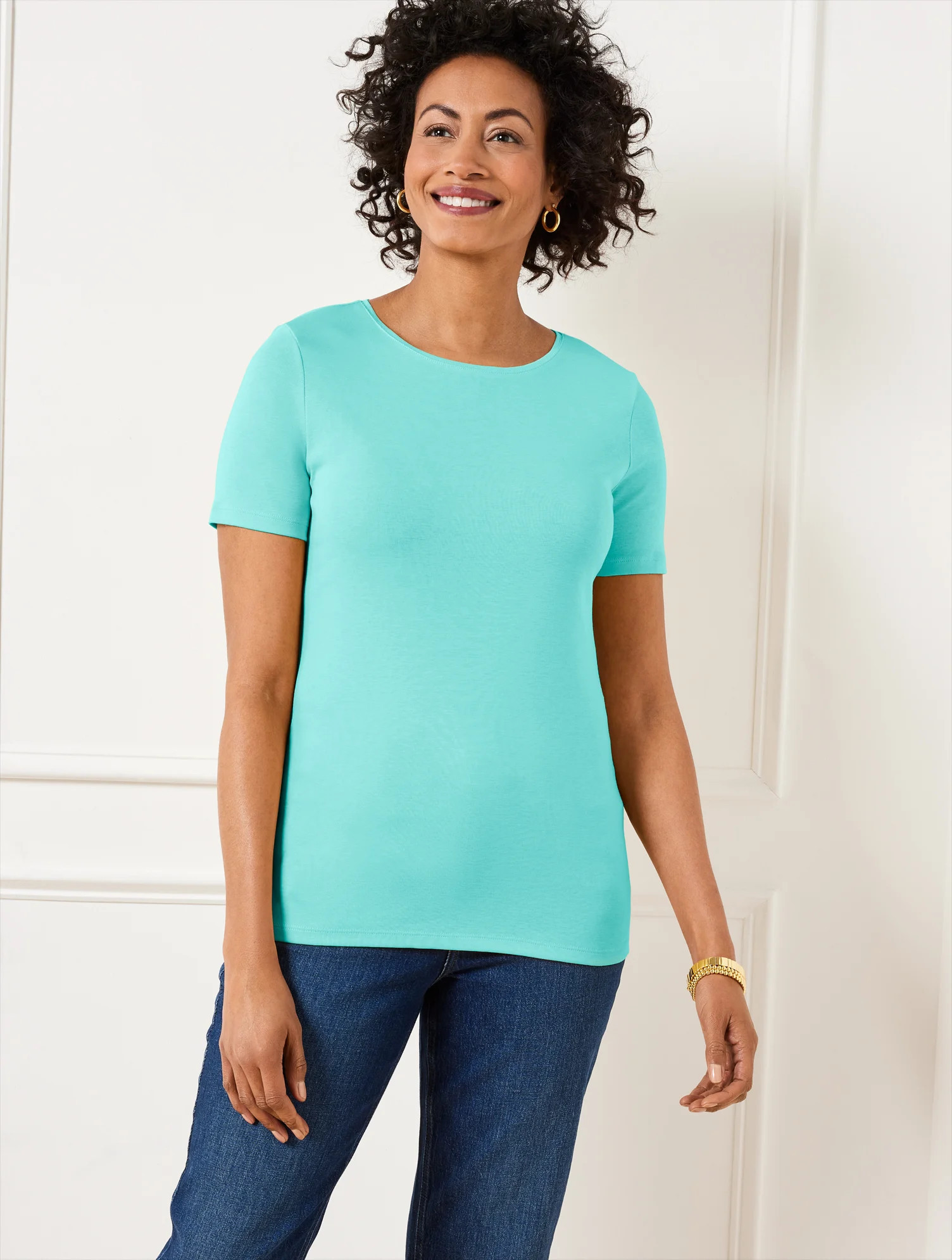 Petite - Pima Cotton Crewneck T-Shirt - Vivid Turquoise - Large Talbots | Talbots