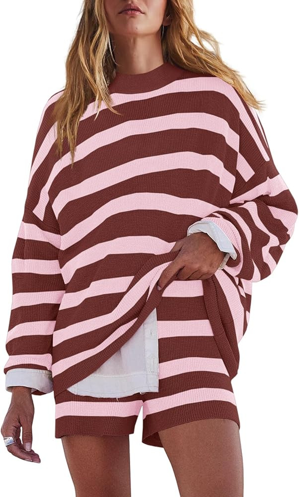 LAMISSCHE Womens Oversized Lounge Sets 2 Piece Outfits Striped Matching Pajama Set Long Sleeve Sw... | Amazon (US)
