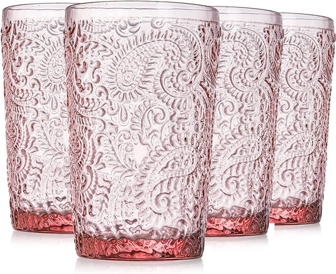 Tebery 4 Pack Pink Highball Glasses Beverage Cups Old Fashioned Drinking Tumbler, 12oz Romantic W... | Amazon (US)