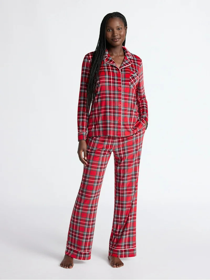Joyspun Women’s Stretch Velour Notch Collar Long Sleeve Pajama Set, Sizes XS to 4X | Walmart (US)