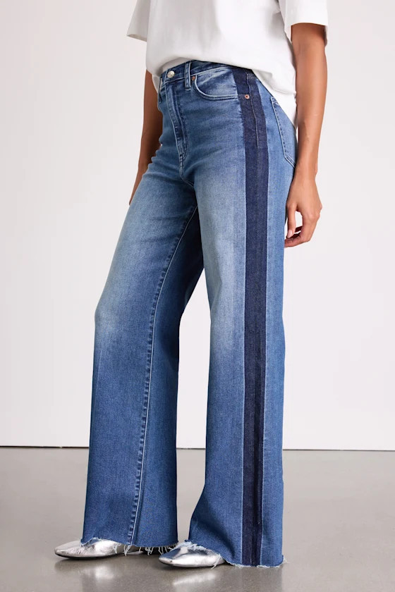 Far Out Medium Wash Striped Raw Hem Wide-Leg Jeans | Lulus