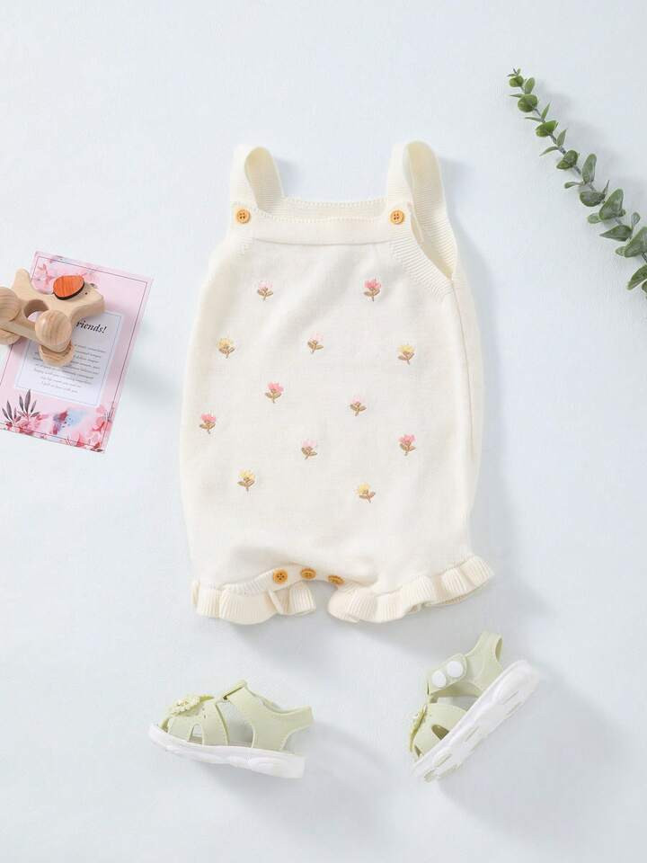 Infant Baby Girls' Lightweight Knit Ditsy Floral Embroidery Strap Romper Jumpsuit, Summer | SHEIN