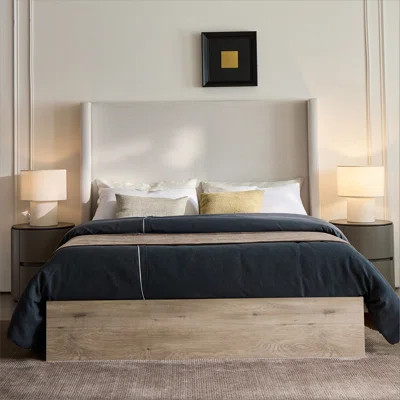 Shelton Upholstered Wingback Bed / 54" High Headboard / Wood Base / Rustic / Modern Farmhouse / Neutral / Scandinavian, Queen, Textured Ivory Canvas C | Wayfair North America