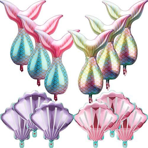 12 Pieces Mermaid Tail Balloons Sea Shells Balloons Helium Foil Ocean Balloons Bright Colored for Bi | Amazon (US)