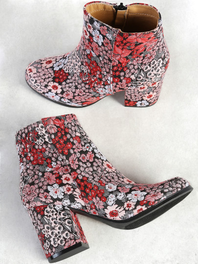 Floral Embroidered Zip Up Ankle Boot BLACK | SHEIN