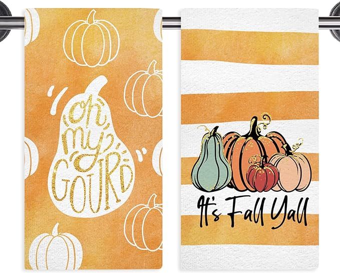 Fall Kitchen Towels Watercolor Pumpkin OH My Gourd Fall Dish Towels Set of 2, Autumn Holiday Funn... | Amazon (US)