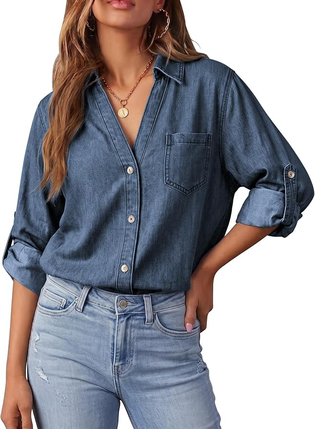 ECOWISH Womens Denim Shirt Jean Jacket Button Down V Neck Denim Blouse | Amazon (US)