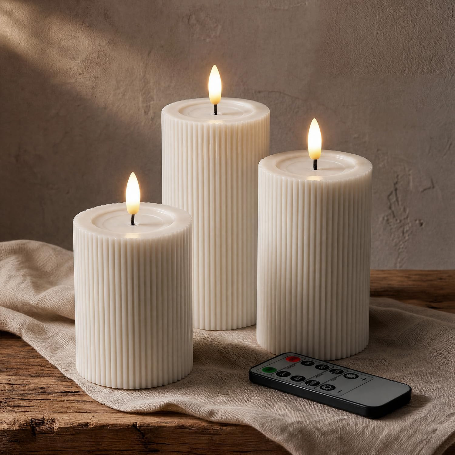 Fluted Ribbed LED Pillar Candles, Cream Beige, with Reflective Melted-Wax Effect – Flickering Flame, Remote, Dimmable, Flameless, Battery Operated, Home & Wedding Decor (Set of 3) | Amazon (US)