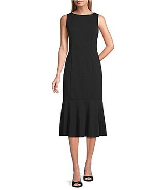 Marina Scuba Crepe Rhinestone V-Back Bow Mermaid Midi Dress - L | Dillard's