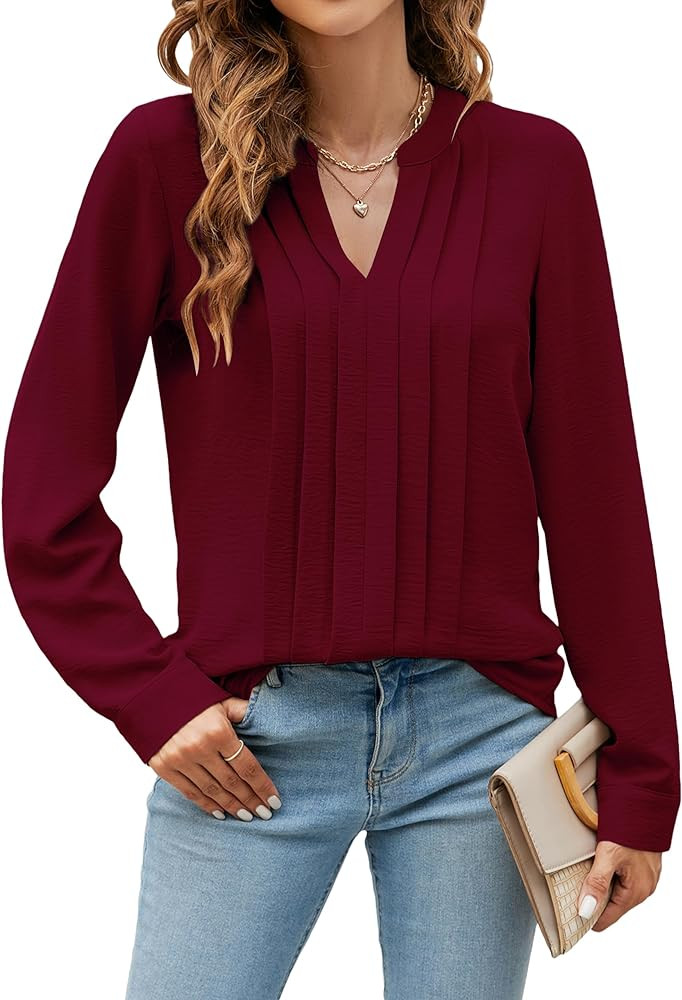 Blooming Jelly Women's Dressy Casual Blouses Business Work Tops Long Sleeve V Neck Pleated Shirts... | Amazon (CA)