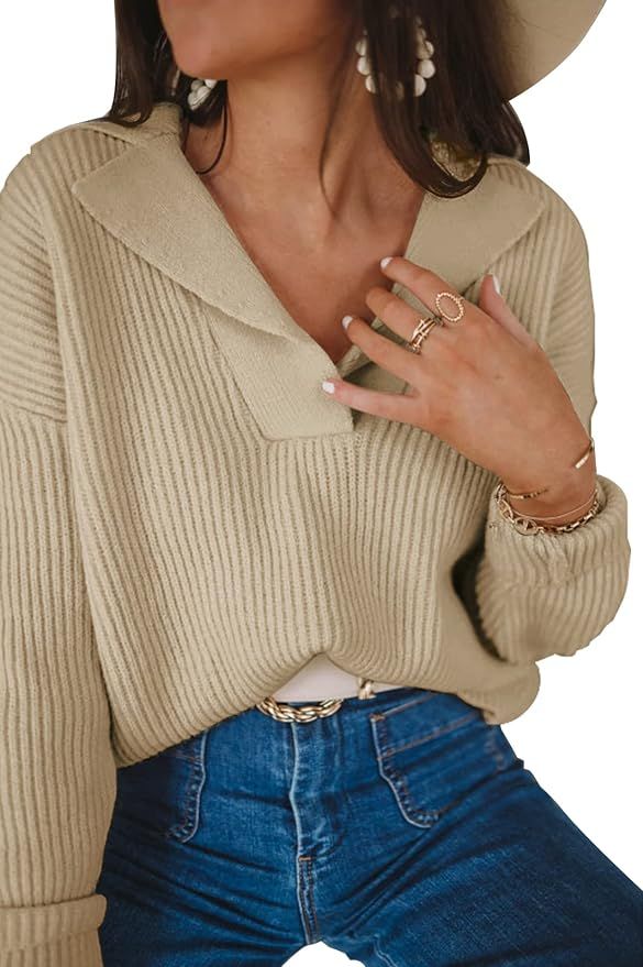 BTFBM Women Long Sleeve V Neck Fashion Sweater Solid Color Ribbed Knit Foldover Collar Pullover C... | Amazon (US)