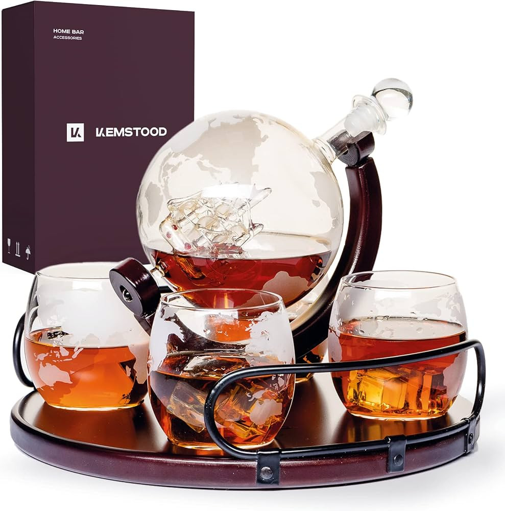 Kemstood Whiskey Decanter Sets for Men - Etched World Globe Design with Wooden Base & 4 Glass - I... | Amazon (US)
