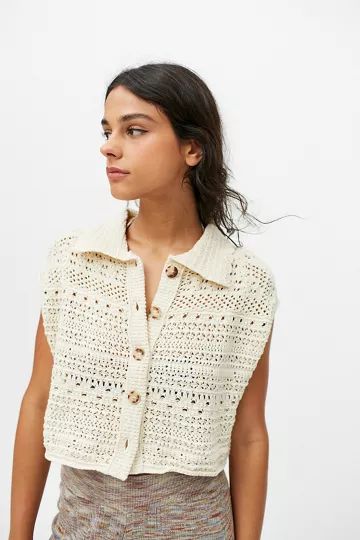 UO Cora Crochet Button-Front Vest | Urban Outfitters (US and RoW)