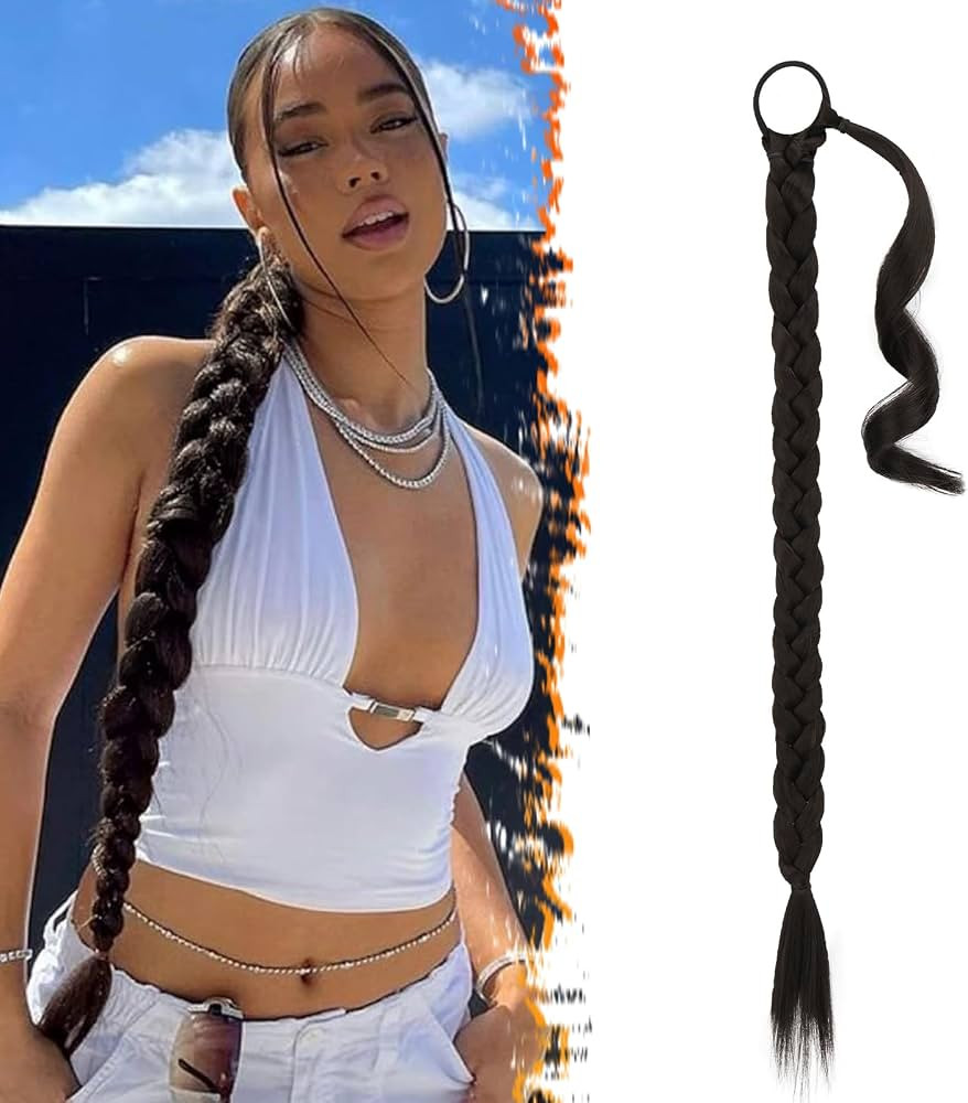 BARSDAR 30 Inch Long Braided Ponytail Extension with Hair Tie - Straight Sleek Wrap Around Dark B... | Amazon (US)