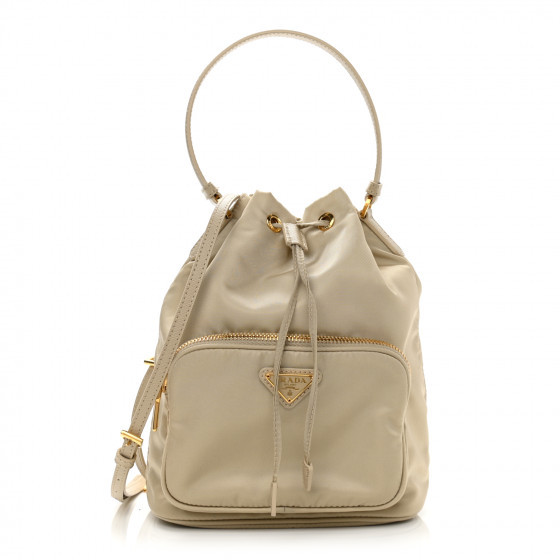 PRADA Saffiano Tessuto Nylon Mini Bucket Crossbody Bag Deserto | FASHIONPHILE | FASHIONPHILE (US)