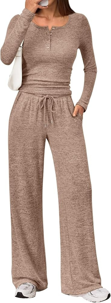 Trendy Queen Women's 2 Piece Matching Lounge Sets Fall Fashion Outfits Henley Neck Sweater Top Wi... | Amazon (US)