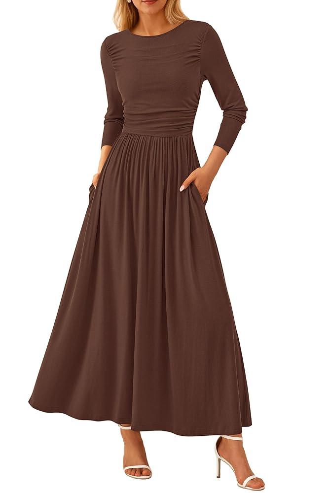 PRETTYGARDEN Women's 2025 Fashion Trendy Fall Long Sleeve Dresses Ruched Flowy Elegant Modest Boh... | Amazon (US)