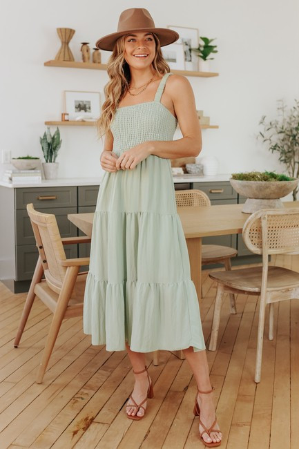 Ruffle Strap Smocked Sage Midi Dress | Magnolia Boutique