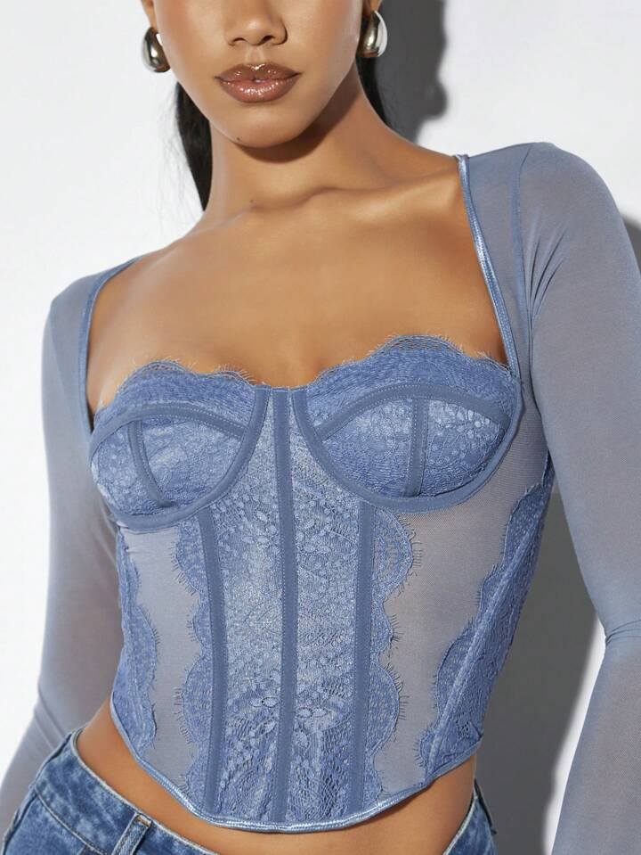 SHEIN BAE Sweetheart Neck Lace Panel Bustier Crop Mesh Top | SHEIN