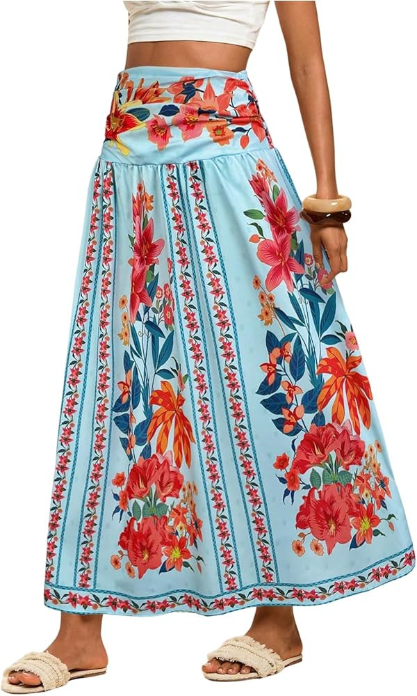 Verdusa Women's Boho Floral Print Maxi Skirt Shirred High Waisted A Line Flowy Long Skirts | Amazon (US)