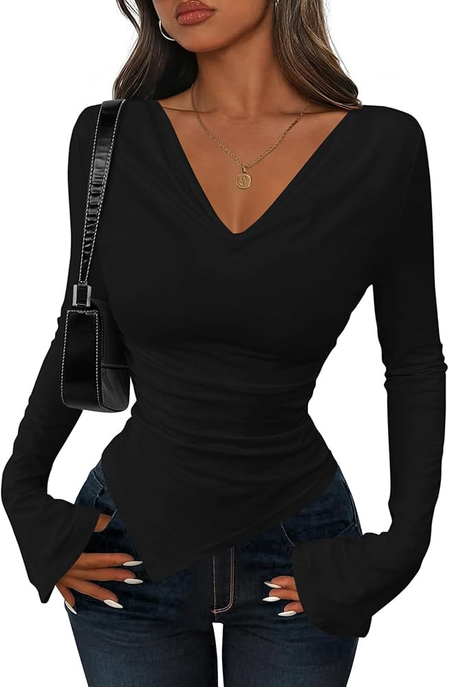 PRETTYGARDEN Womens Bell Long Sleeve Shirts Casual Cowl Neck Asymmetrical Slim Fit Crop Tops Y2K ... | Amazon (US)