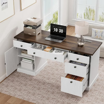 COZONY 60" Fluted Home Office Desk, Modern Wooden Executive Computer Desk with Drawers & File Cabinet for Study, Living Room, Bedroom | Target
