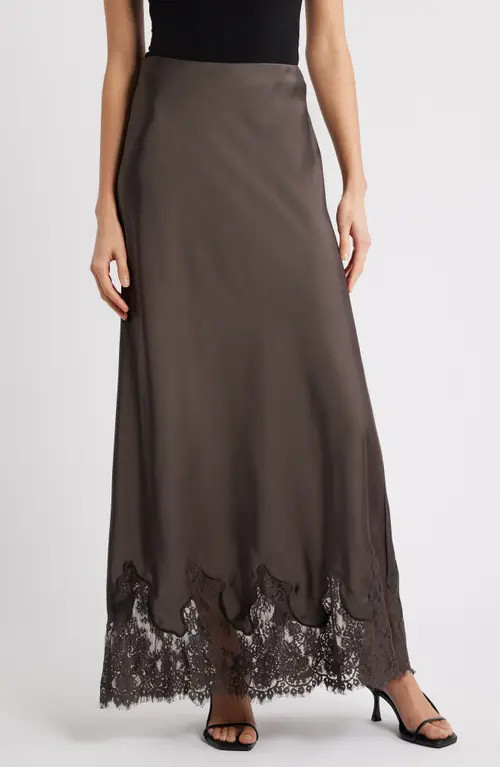 Petal & Pup Alira Satin & Lace Midi Skirt in Brown at Nordstrom, Size X-Large | Nordstrom