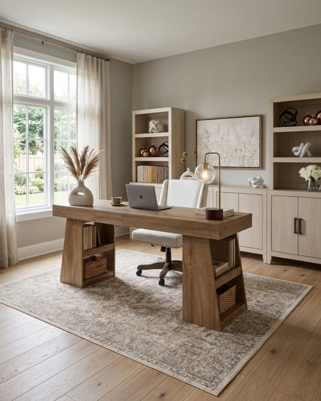 Neutral & Warm Modern Home Office Design With Storage

*Note: This is a digital room mockup showcasing product styling ideas from my room design mood board.

How to recreate this look:

 The Palette & Rug: A warm, neutral color palette anchored by a classic, patterned area rug in soft beige, cream, and muted brown tones.

 The Workspace: A statement natural-toned wood desk featuring chunky geometric legs, perfectly paired with a comfortable, textured cream swivel chair.

 The Storage: A large, light-toned storage unit stretching across the back wall, combining closed lower cabinets with tall open bookshelves to maximize both organization and display space.
 
The Styling: Organic and sophisticated accents including a framed botanical art piece, fresh white floral arrangements, metallic spherical decor, matte black geometric sculptures, and a sleek brass desk lamp.

#HomeOfficeGoals #HomeOffice #HomeOfficeDecor #HomeDecor #MoodBoard

#LTKHome