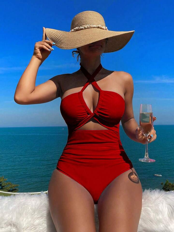 SHEIN Swim Vcay Summer Beach Women's Solid Color Halter Neck Hollow Out One-Piece Swimsuit | SHEIN