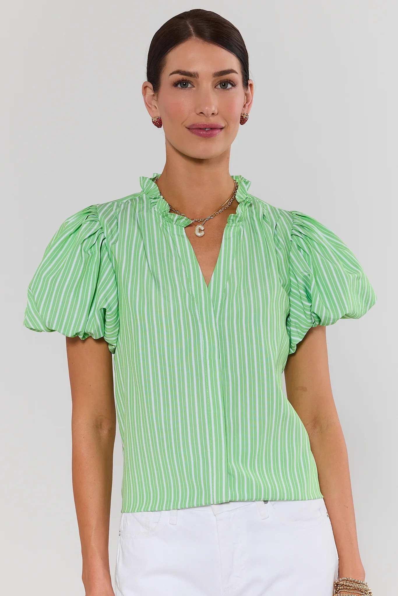 Ophelia Green Striped Puff Sleeve Top | Avara