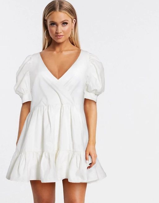 ASOS DESIGN denim puff sleeve oversized smock dress in white | ASOS (Global)