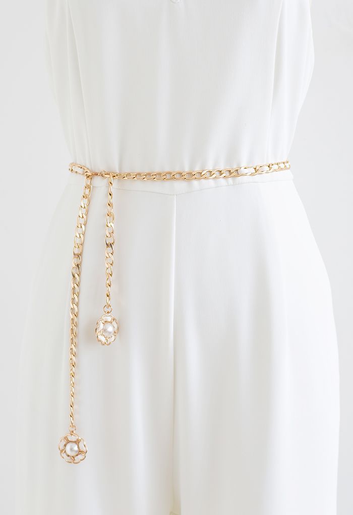 Floral Pearl Faux Leather Gold Chain Belt in Ivory | Chicwish