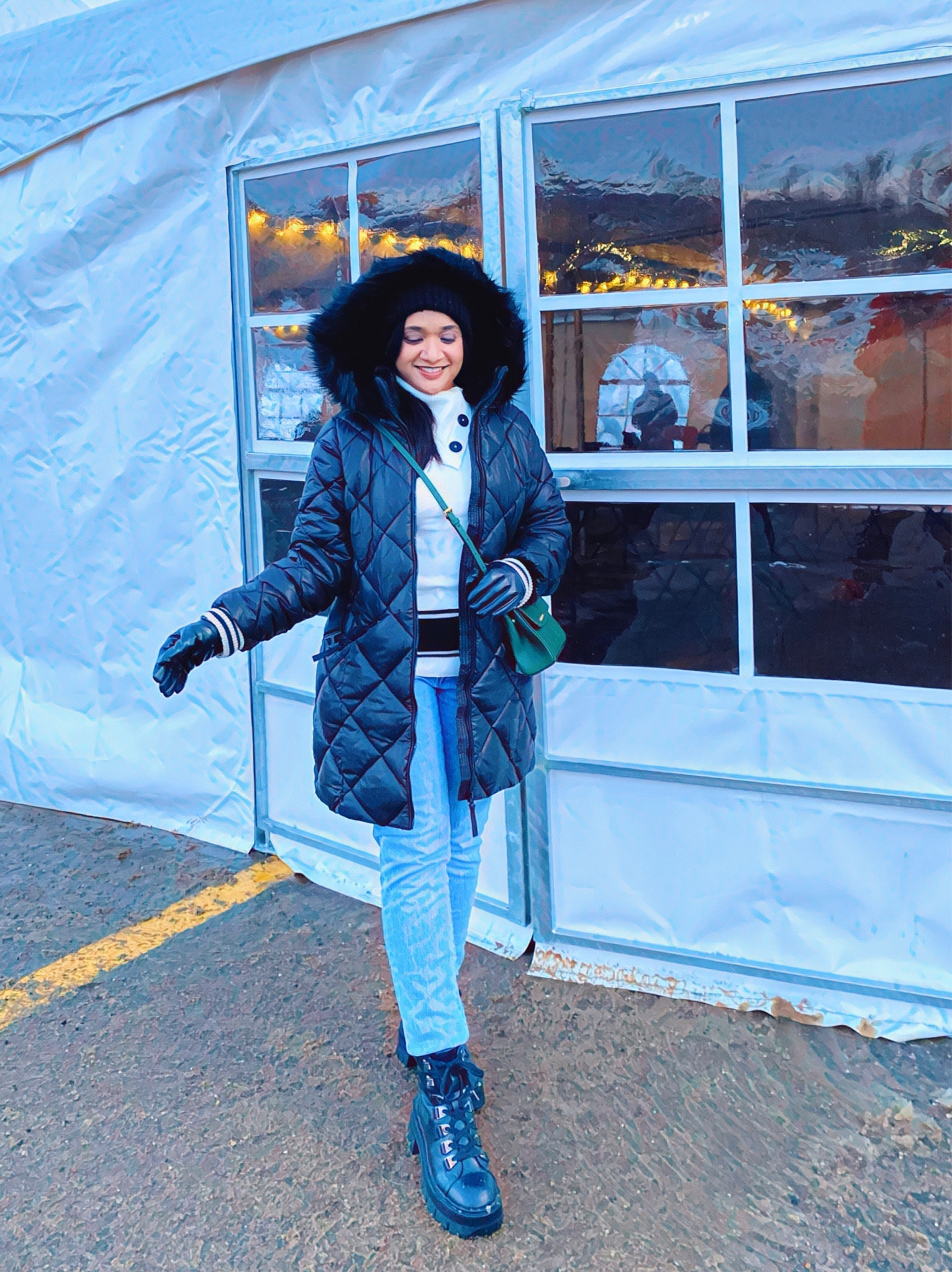 A cosy cute winter wear. 
Long black jacket, back and white sweater, straight jeans, boots

#LTKworkwear #LTKstyletip #LTKSeasonal