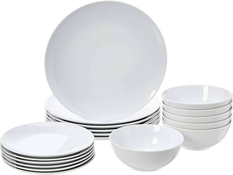 Amazon Basics 18-Piece Kitchen Dinnerware Set, Plates, Dishes, Bowls, Service for 6, White Porcel... | Amazon (US)