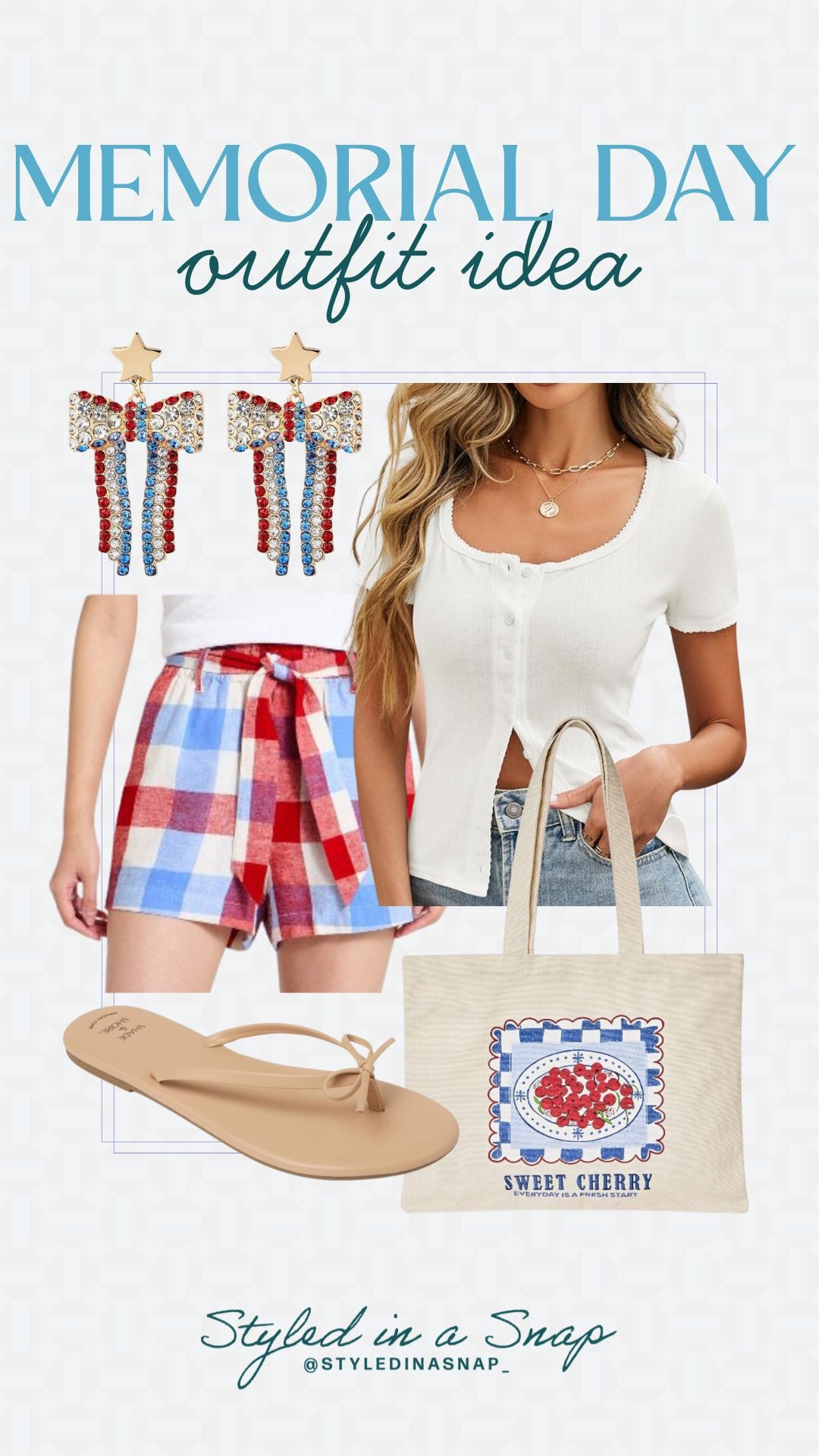 Red, white and a super cute outfit for you! This Memorial Day outfit is as affordable as it is cute and that is saying something. These Target shorts are so cute, mom approved and the colors are perfect for spring. I’m loving these Americana themed earrings with the extra sparkle and this coastal inspired tote. This entire outfit is mom approved and so festive, without being obnoxious or tacky. 
Memorial Day outfit inspo, casual mom outfit

#LTKSeasonal #LTKOver40 #LTKSaleAlert