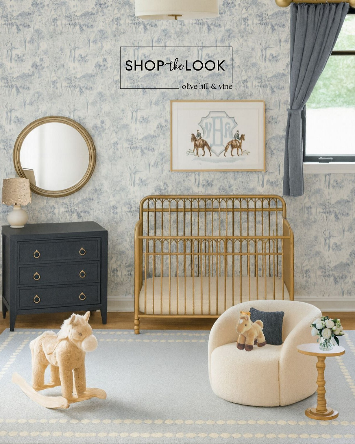 Timeless and playful, this horse-themed nursery blends navy and white with charming details—a vintage metal crib, boucle swivel chair, wicker chest, and rocking horse. Shop the look to bring classic style and whimsy into your little one’s room. 

 

#LTKHome #LTKBaby #LTKBump