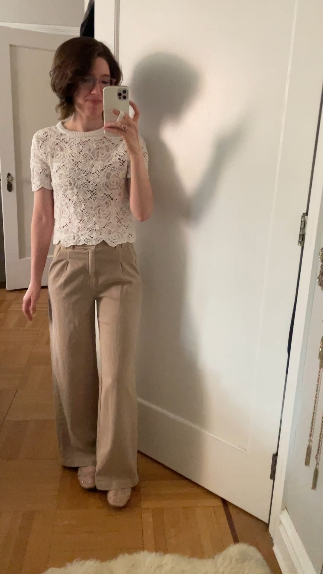 Crochet top: TTS
Wide leg trousers: TTS, wearing the short length
Mesh flats: TTS

#LTKSummerSales #LTKWorkwear #LTKStyleTip