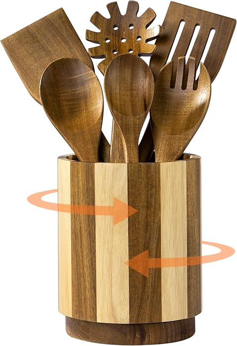 Wooden Utensil Holder, 360° Rotating Acacia Wood Kitchen Utensil Holder for Countertop, 7.2" Non... | Amazon (US)
