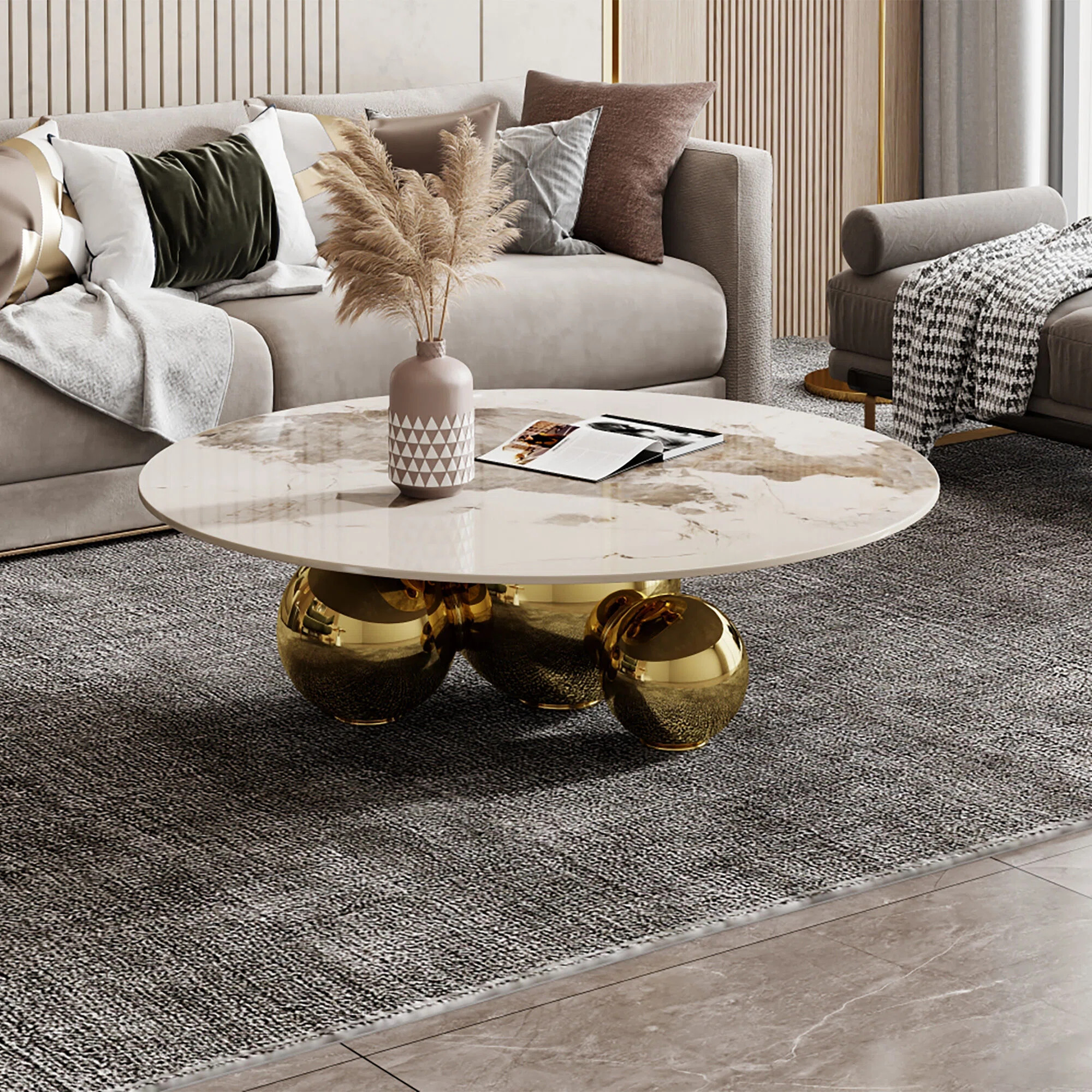 39.4" Modern Round Coffee Table with Glossy Sintered Stone Table-top, Livingroom Table with Stain... | Wayfair North America