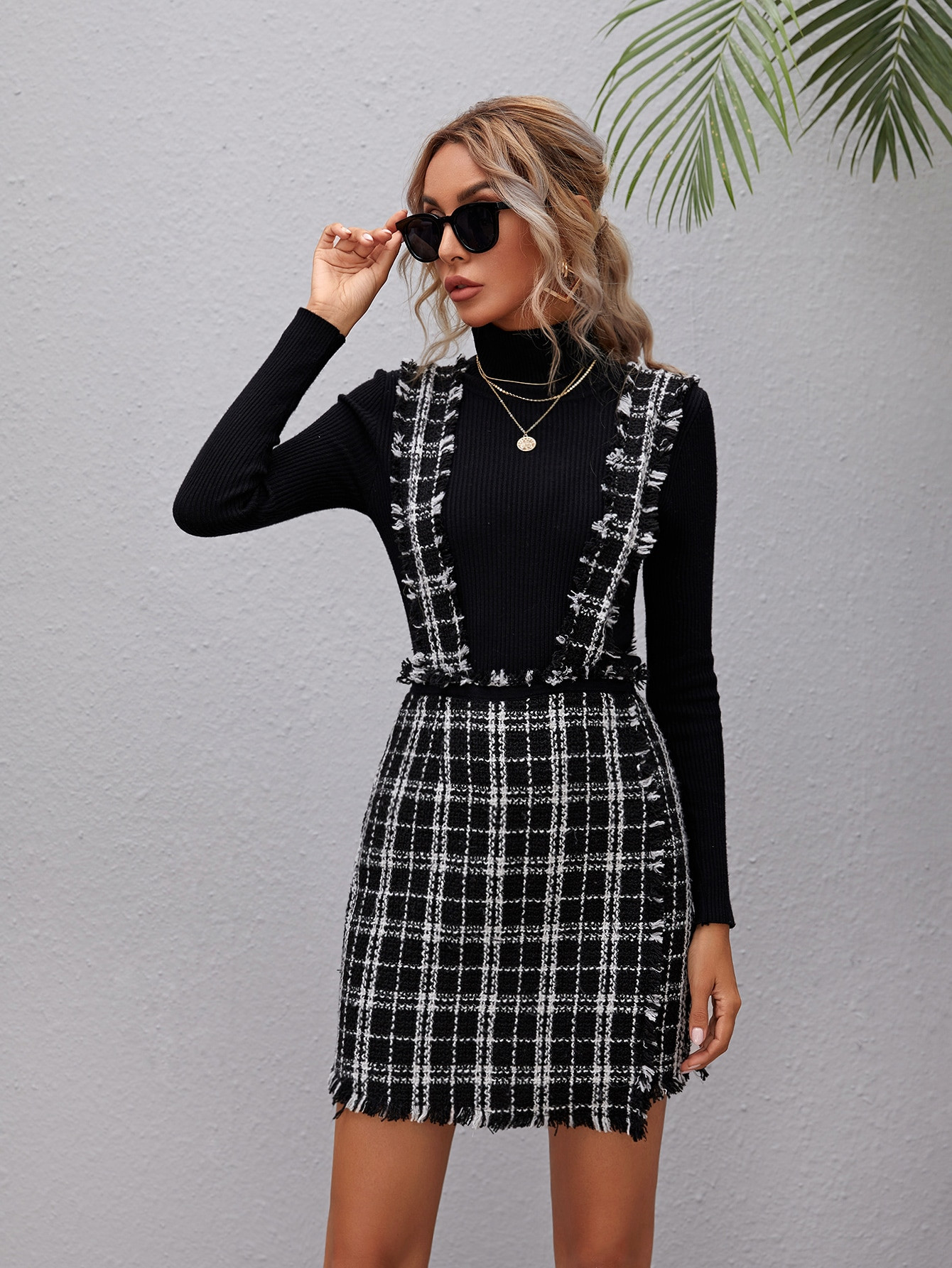 Raw Hem Plaid Tweed Overall Dress | SHEIN