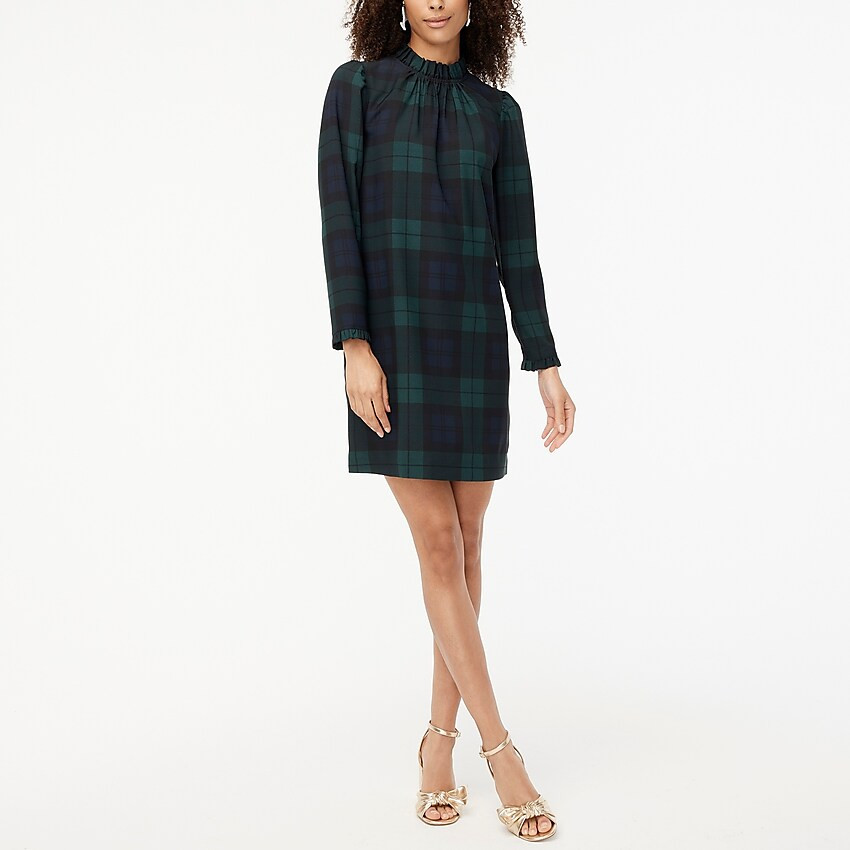 Ruffleneck shift dress in Black Watch plaid | J.Crew Factory