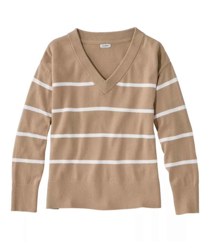 Women's Cotton/Cashmere Sweater, V-Neck Stripe Khaki/Sea Salt Stripe 3X L. L.Bean | L.L. Bean