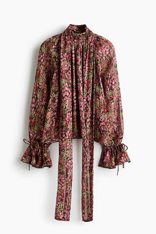H & M - Tie-Detail Chiffon Blouse - Pink/Floral | H&M (US, CA, MX)