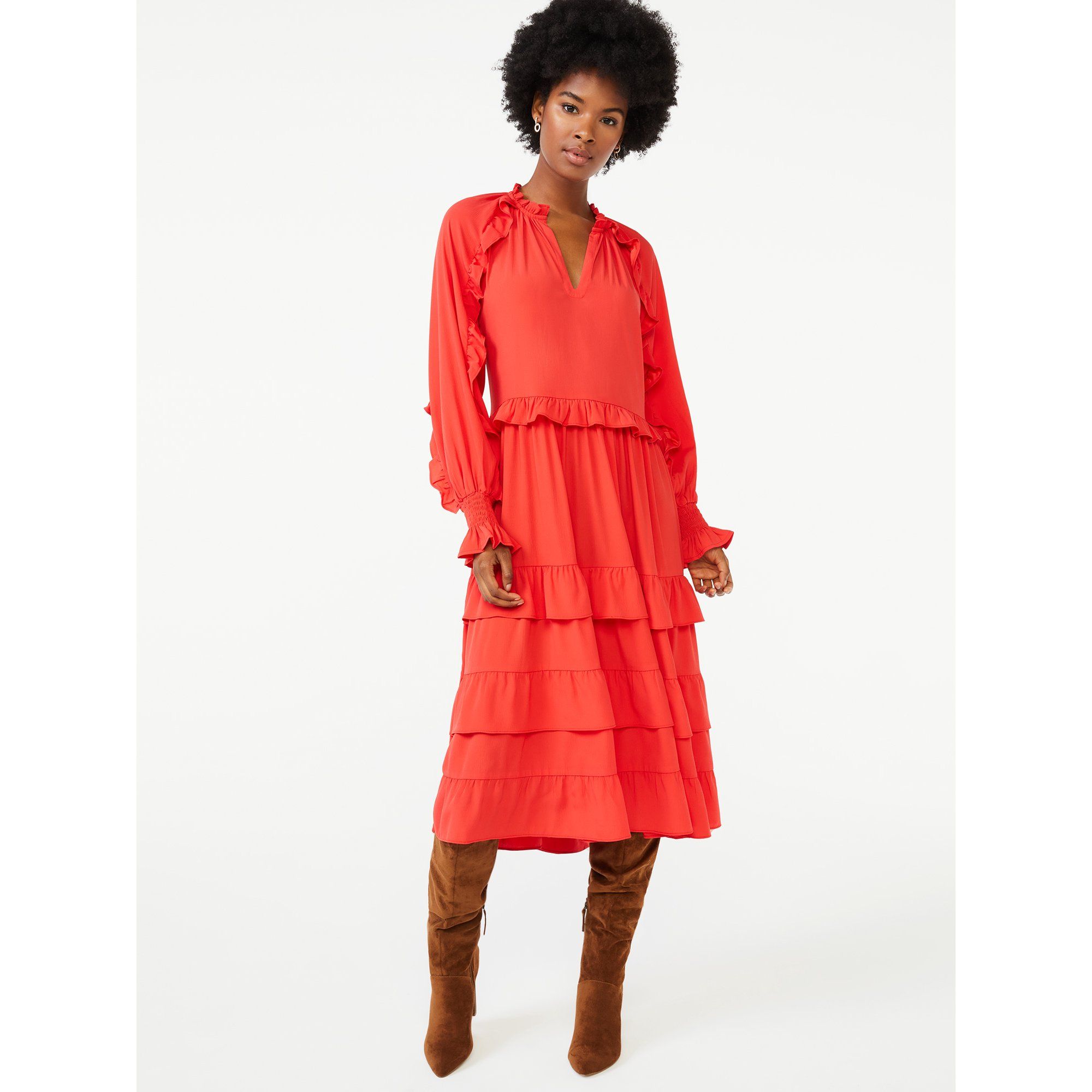 Scoop - Scoop Women's Tiered Midi Dress with Long Sleeves - Walmart.com | Walmart (US)