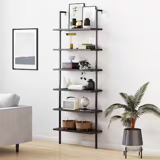 Nathan James Theo Nutmeg Brown Wood 6-Shelf Tall Ladder Bookcase Wall Mount Bookshelf Matte Black... | The Home Depot