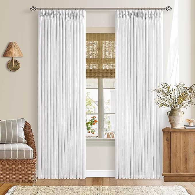 White Pleated Linen Curtains 96 Inches Long for Living Room 2 Panel Set Semi Sheer Light Filterin... | Amazon (US)