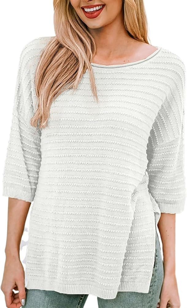 Women's Casual 3/4 Sleeve Crew Neck Loose Textured Drop Shoulder Lightweight Knit Pullover | Amazon (US)
