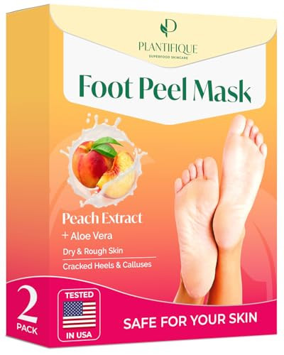 PLANTIFIQUE Foot Peeling Mask 2 Pack | Dermatologically Tested Repairs Heels & Removes Dry Dead Skin for Baby Soft Feet | Exfoliating Foot Peel Mask for Dry Cracked Feet | Peach | Amazon (US)