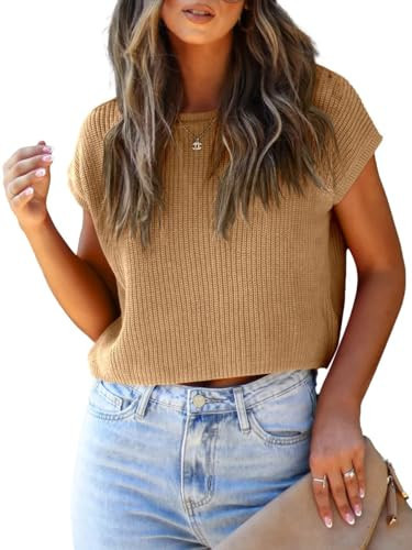 LCXWFE Womens Summer Cropped Sweater Vest Trendy Cap Sleeve Crop Tops Crew Neck Loose Knit Tank Top | Amazon (US)