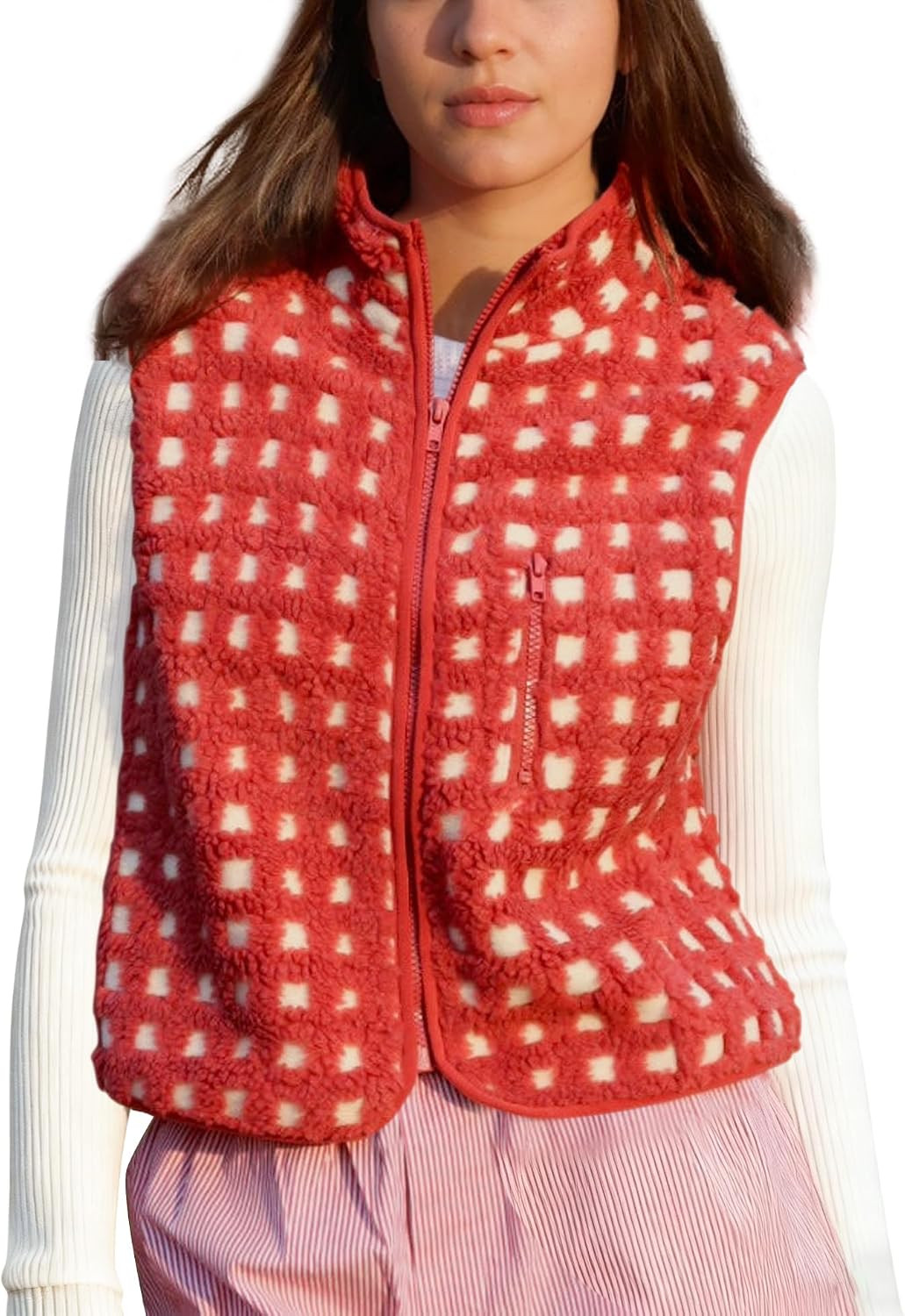 Plaid Fleece Vest Women Sleeveless Sherpa Vest Full Zip Jacket | Amazon (US)